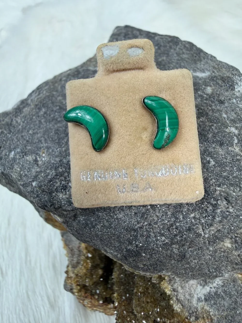 Vintage Malachite Crescent Moon Stud Pierced Earrings .5